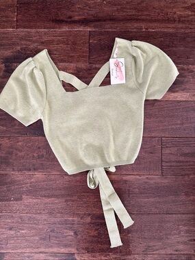 Promesa Sage Puff-Sleeve Knit Crop Top with Tie Back